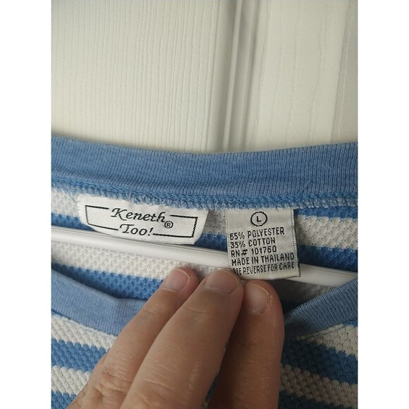 Kenneth Too Woman L Blue White Nautical Striped 3/4 Sleeve Lace Shoulder Casual - Picture 4 of 8